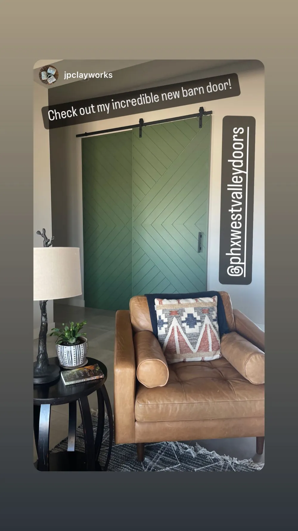 Instagram story from @jpclayworks: Check out my incredible new barn door!