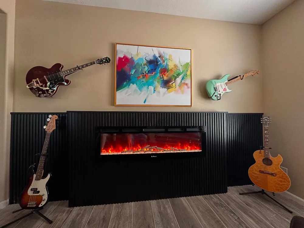 Slatted feature wall in a home music room with a fireplace